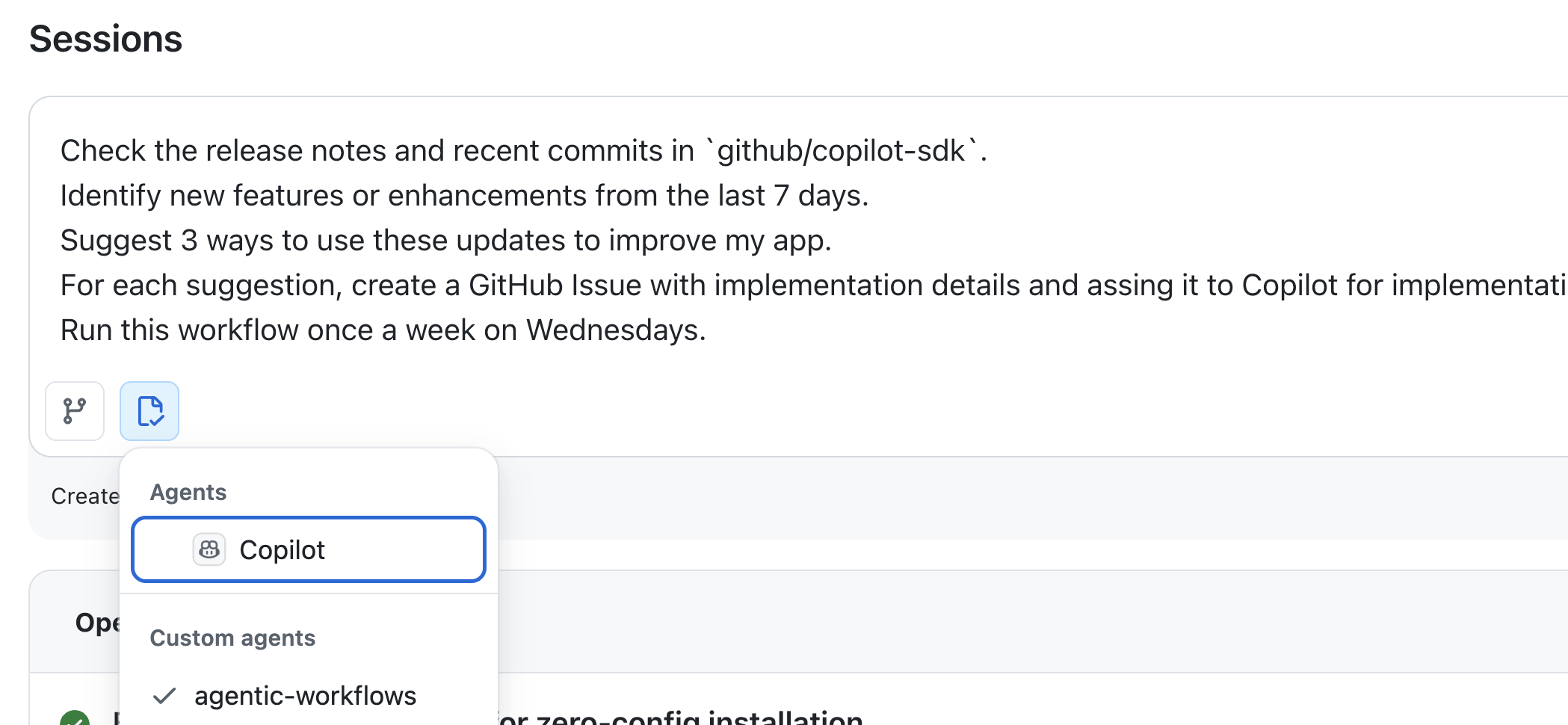 Selecting the agentic-workflows custom agent in the Agents tab