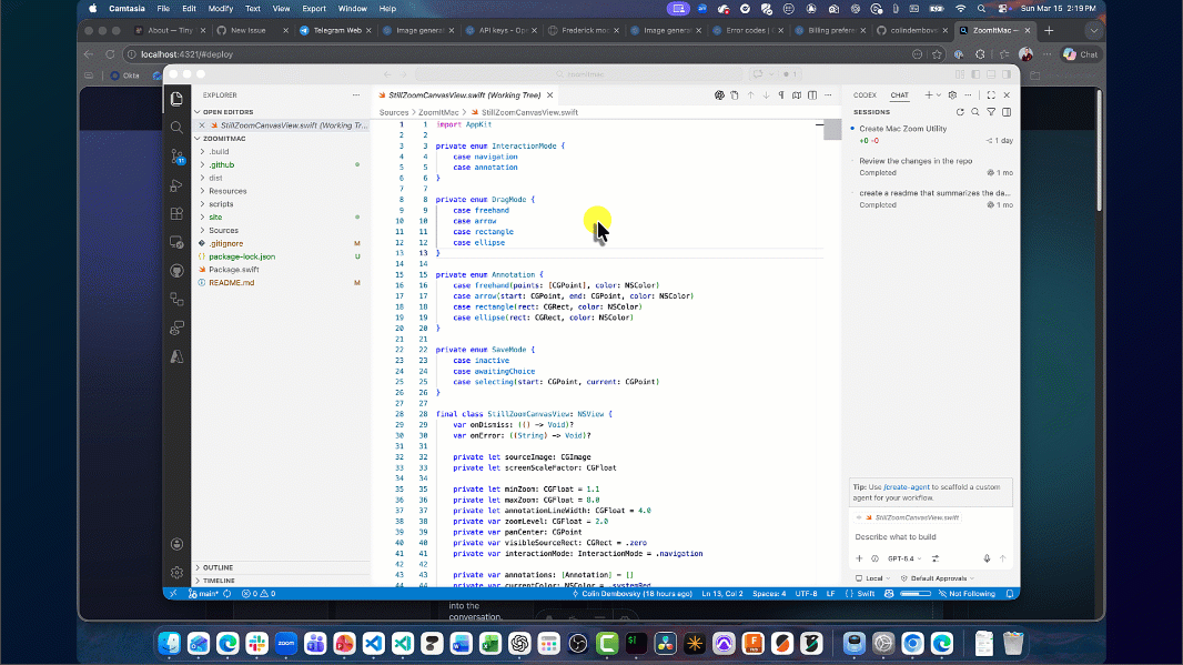 Animated ZoomItMac demo showing still zoom, annotation, and screenshot export.